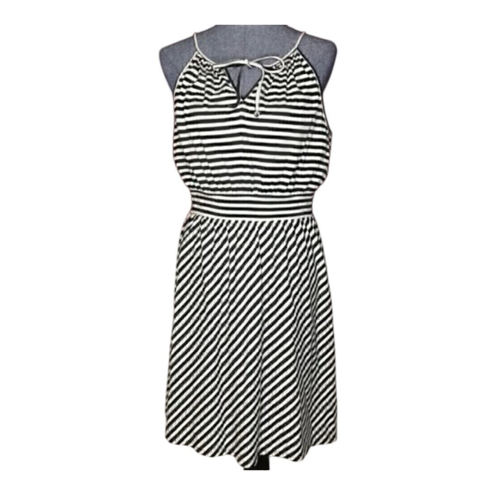 Elle b&w striped black and white midi dress size M cute tie bow keyhole